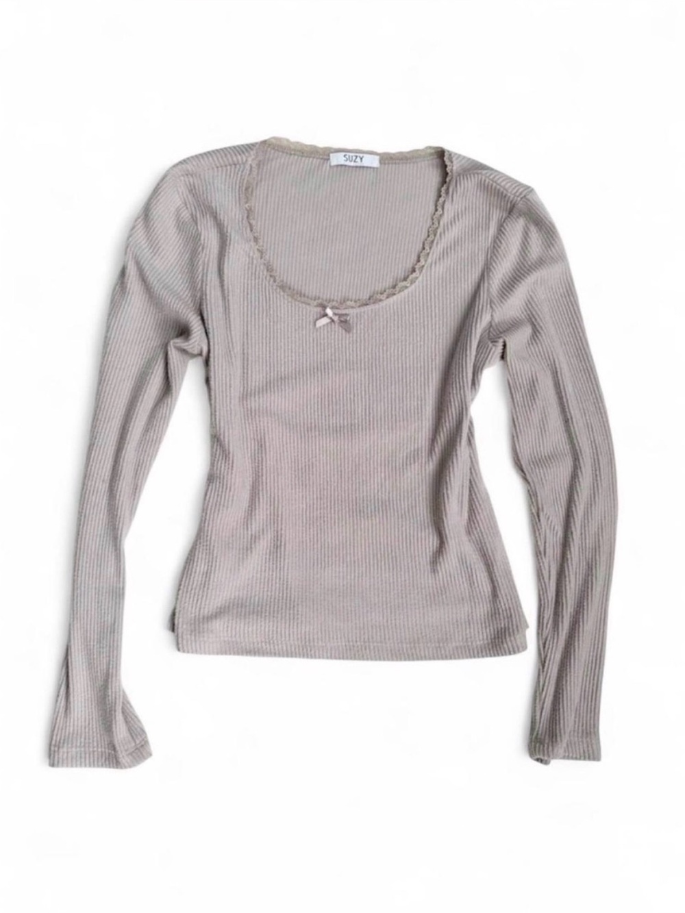 Suzy Shier lace trim ribbed sweater size L cream beige